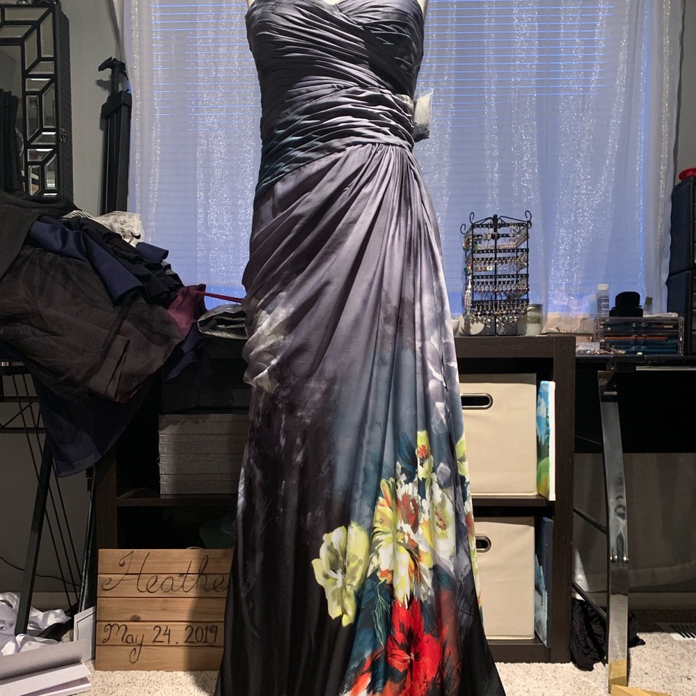 Strapless floral dress with draped bodice